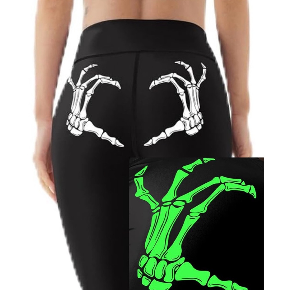 Glow in the Dark Heart Skeleton Handprint Graphic Black Leggings